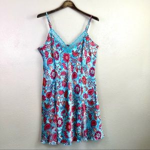 Delicates Bright Blue Floral Slip Dress Lace Trim Size XL